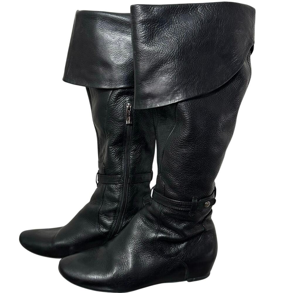 Via Spiga Black Leather Knee High Boots Women 6 Slouch Riding Zip Low Heel - Picture 1 of 11